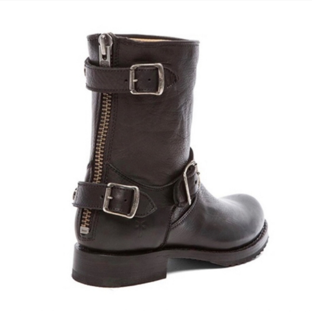 Frye Black Leather Buckle Zip Moto Bootie